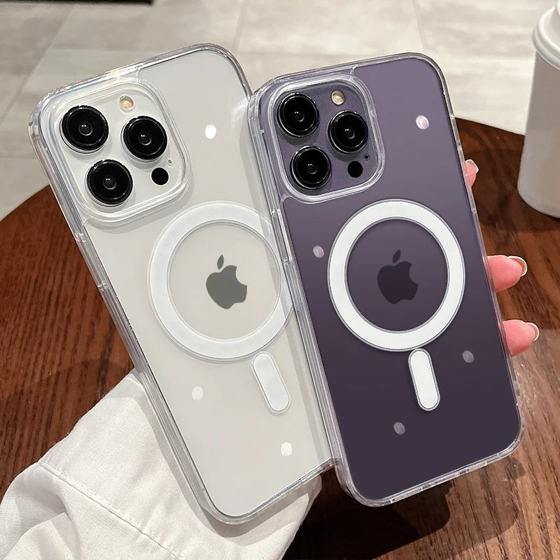 For Magesafe Magnetic Transparent Wireless Charge Case For iPhone 11 12 13 14 15 16 17 Air Pro Max Plus Mini Shockproof PC Cover