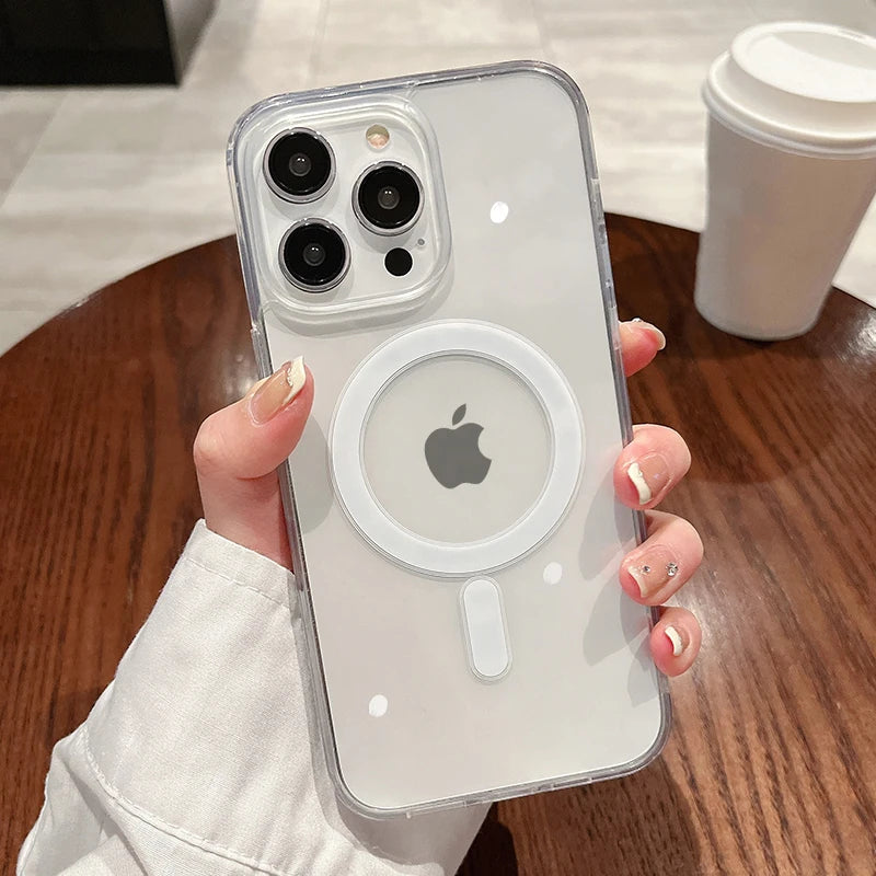 For Magesafe Magnetic Transparent Wireless Charge Case For iPhone 11 12 13 14 15 16 17 Air Pro Max Plus Mini Shockproof PC Cover